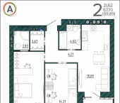 2-комн, 69 кв м, этаж 8/9 улица Ульянова, 24